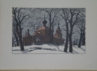 Линогравюра "Церковь Покрова Боровск". Художник-график Каримов А.Н. , 1985